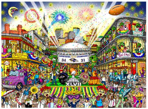 SB 47 New Orleans with team patches and Final Score LR