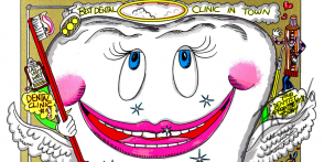 pop art of bright white tooth smiling with a halo, wings and toothbrush