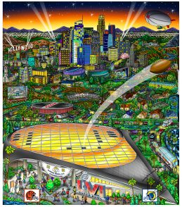 Artwork for Super Bowl 56 with final scores featuring LA cityscape, football stadium, and a football in the sky