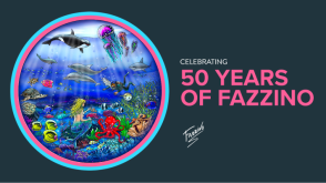 black banner with pink text stating Celebrating 50 years of Fazzino, with a round image to the left featuring an underwater scene with jellyfish, dolphins, a whale, octopus and a mermaid