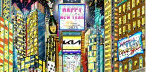 Close up of an art piece of New Years Eve in Times Square, featuring iconic NYC buildings and confetti falling from the sky