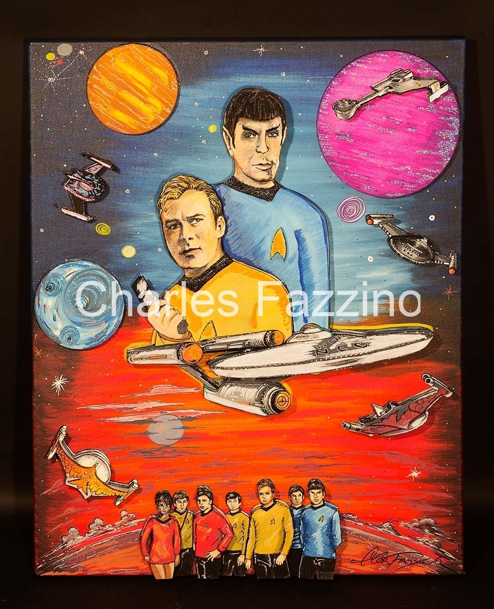 Artwork featuring Captain Kirk and Spock floating in space with planets, along with the USS Enterprise and its crew