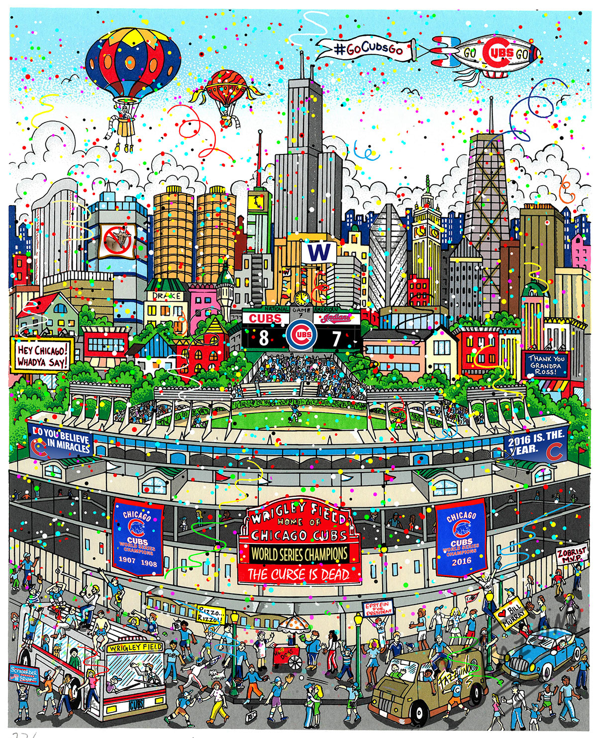 A poster featuring Wrigley Field in Chicago, celebrating the Cubs winning the World Series