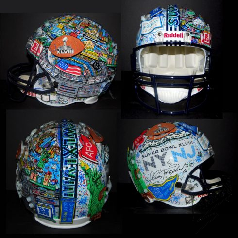 A multi-side view of Charles Fazzino's Super Bowl 2014 themed, hand-painted football helmet