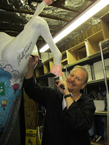 3D Pop artist Charles Fazzino in his studio with the horse for stamford Horsin' Around