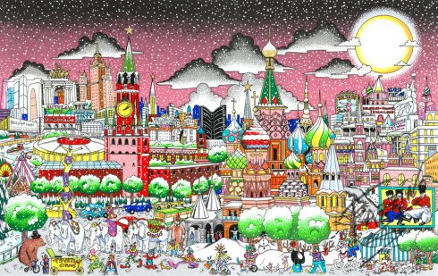 Image of a Fazzino original work rendering the city of Moscow, Russia, with all the well known buildings creating a city skyline across a pink exotic sky