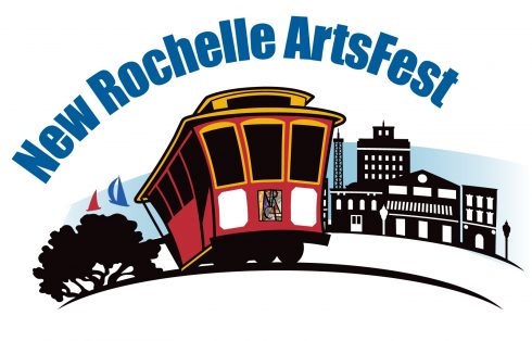 Image of the logo of New Rochelle ArtsFest, which is a red trolly train driving passed the buildings of the city.