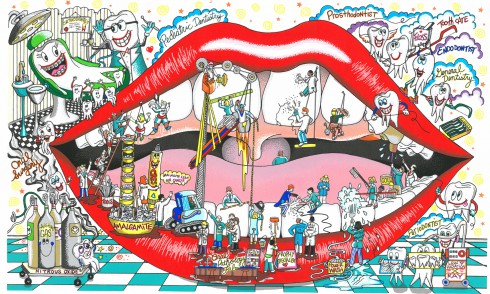 Image of a Fazzino art new release called Mouth Under Construction, its an image of a mouth and little dentist people cleaning the teeth