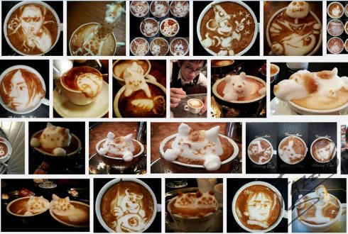A compilation of photos of 3D Latte Foam art by artist Kazuki Yamamoto