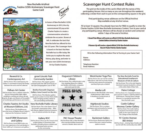 Image of Fazzino's Scavenger hunt card that participants will have to fill out in order to win