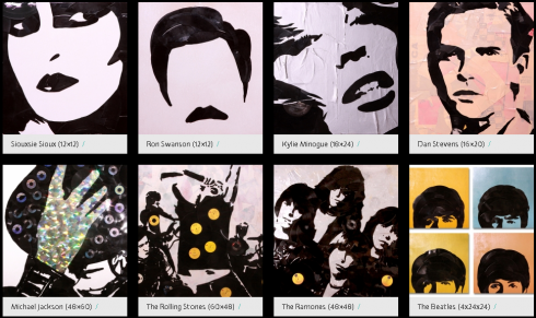 Image of sic of Greg Fredrick's pop art vinyl art with several pop culture music icons, like the Beatles, the Rolling Stones, and Michael Jackson