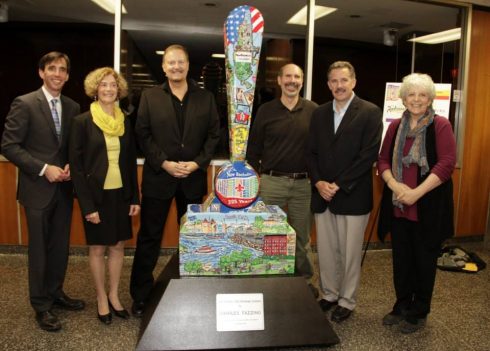 Charles Fazzino, along with Mayor Noam Bramson, City Council Member Barry Fertel, 325th Committee Chairwoman Marianne Sussman, and ArtsFest Chair Judith Weber unveiling Fazzino's sculpture