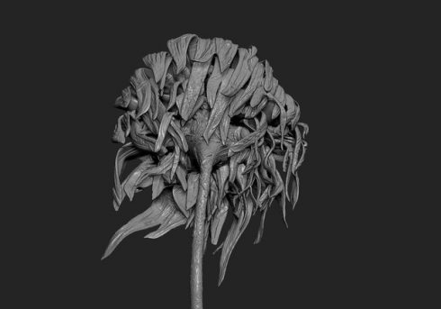 Close up black and white image of the 3D bronze sculpture of Vincent Van Gogh's famous 1888 painting "Sunflowers"