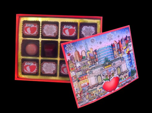 Image of a 2|Beans box of chocolate with the packaging and chocolate styled in Charles Fazzino's Pop Art