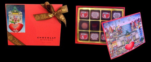 Image of the inside and outside of the fazzino chocolate box, with a preview of the artwork inside
