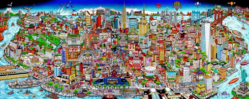 A detailed 3D mural of NYC from The Bronx to Soho and beyond in Fazzino's 3D pop art style