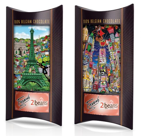 The packaging of two chocolate bars that have Fazzino's Paris and Broadway artwork on it