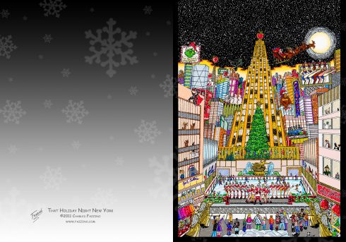 Image of the outside of the Fazzino pop art holiday cards with the rockfeller center christmas tree on it