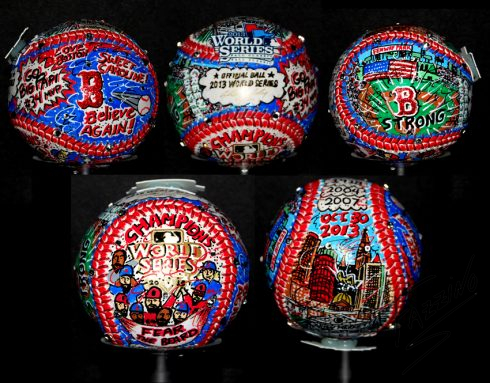 5 world series official baseballs painted with Boston red sox artwork, including Boston strong and fear the beard references