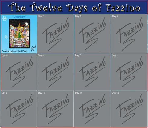 A calendar of The 12 days of Fazzino with day one highlighted and featuring the product on sale