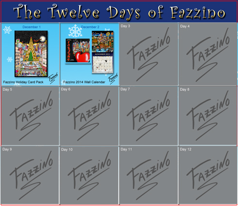 Image of the twelve days of fazzino holiday guide calendar with gifts from day 1 and day 2 highlighted