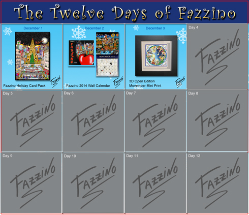 The Twelve Days of Fazzino calendar with day 1 through day 3 highlighted and showing the holiday gift available