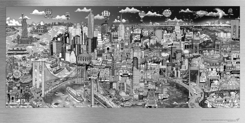 The black and white version of Charles Fazzino's Illusions of New York aluminum artwork collection