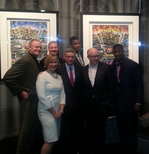 Oates, Fazzino, Coples, Tisch, Kelly, Johnson, Rolle posing for a picture in front of the 2014 Super Bowl artwork