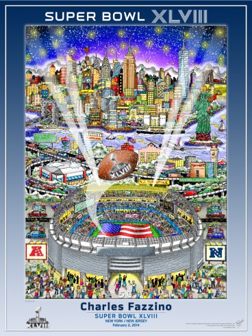 Fazzino 3D poster design of Super Bowl XLVIII at the New York/New Jersey stadium