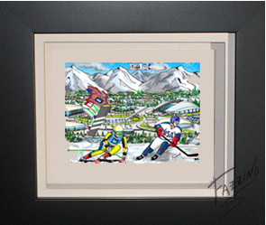 Image of a framed Fazzino Sochi Olympic Mini, with olymic athletes in uniforms doing their sports