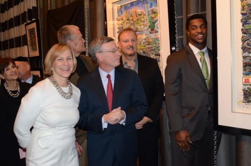 Charles Fazzino, Tisch Oates,Kelly, and  Coples admiring the Super Bowl artwork for 2014