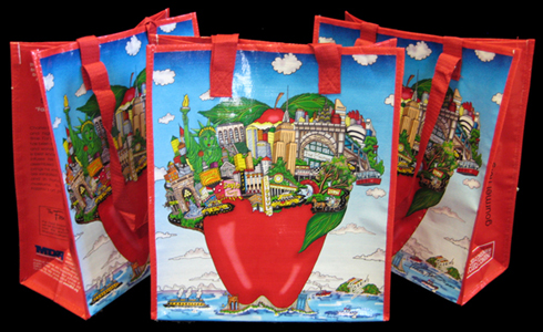 3 red Fazzino recyclable grocery bags with the apple and earth pop art design on the front of the bag