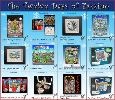 The full calendar of the Twelve Days of Fazzino with all of the featured gifts highlighted