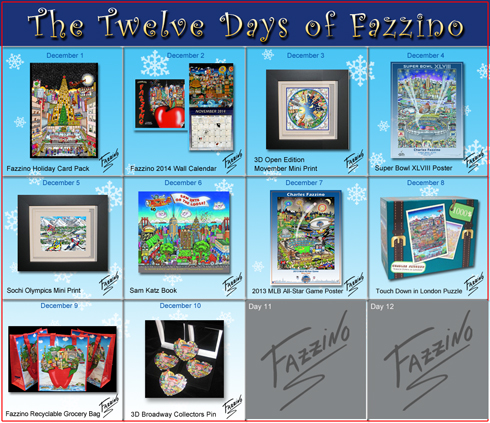 Calendar of the Twelve Days of Fazzino with days 1 through 10 highlighted with their featured gifts