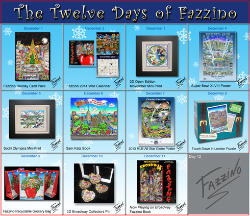 Calendar of Twelve Days of Fazzino with days 1 through 11 highlighted with their featured holiday gifts
