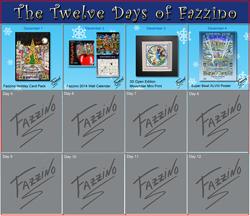 Calendar of the 12 days of Fazzino with days 1 through 4 highlighted and showing off their discounted prizes