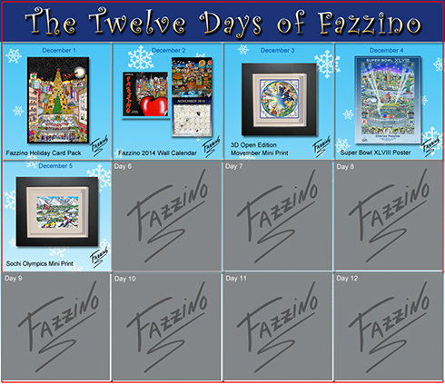 Calendar of the twelve days of fazzino with days 1 through 5 highlighted with their featured gifts