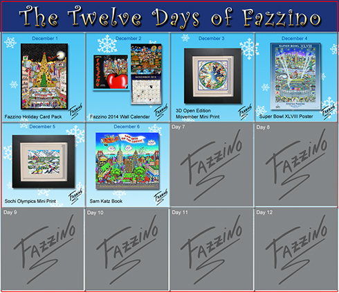 Calendar of the Twelve Days of Fazzino with days 1 through six highlighted with their featured gifts, today's being a Fazzino book about a cat