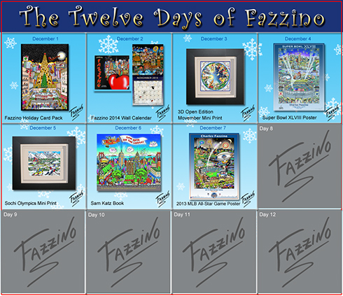 The Calendar of Twelve Day of Fazzino with days 1 through 7 highlighted with their featured gifts