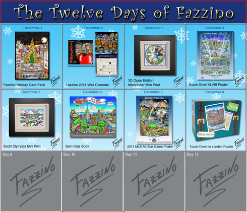 Calendar of the Twelve days of Fazzino with days 1 through 8 highlighted with their featured gifts