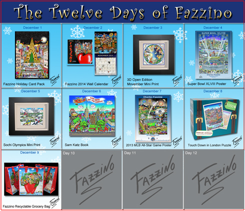 The Calendar of Twelve Day of Fazzino with days 1 through 9 highlighted with their featured gifts