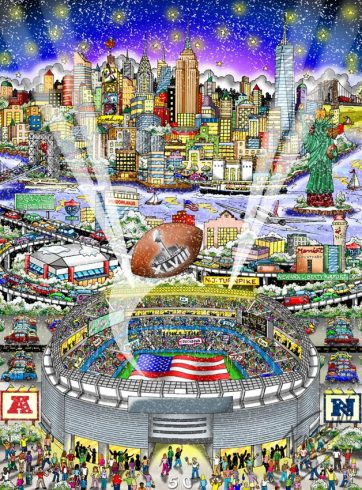 Image of Charles Fazzino's 2014 Super Bowl artwork, a colorful display of Met Life stadium and football