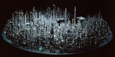 Image of cityscape sculpture made out of steel