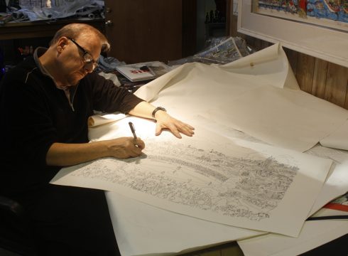 Image of Charles Fazzino drawing Little League artwork for their 75th anniversary celebration