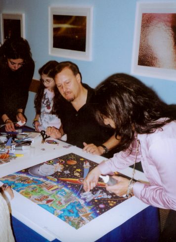 Charles Fazzino conducted an interactive art workshop with patients at Maria Fareri Children's Hospital in 2005