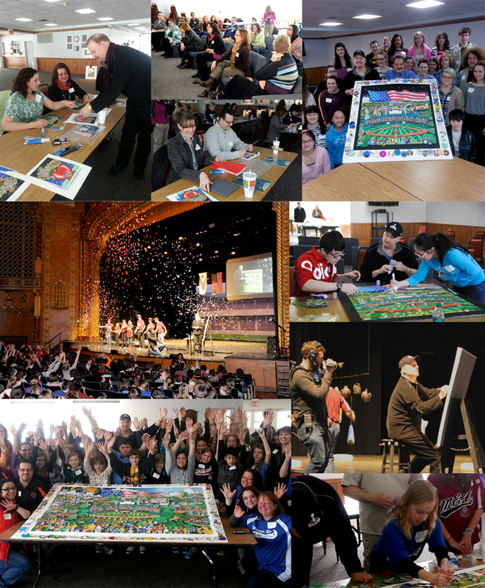 Image collage of scenes from Charles Fazzino's visit to Williamsport for the Little League International 75th anniversary celebration