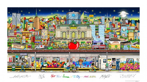 A colorful piece of artwork rendering NYC in the 1970's created by Charles Fazzino and the members of TATS Cru 