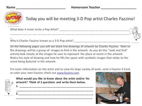A school worksheet created by a teacher for a lesson plan about artist Charles Fazzino