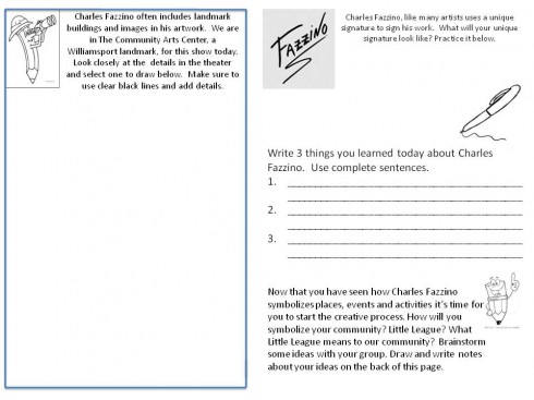 A fill in the blank worksheet asking students to reflect on their experiences with Charles Fazzino's visit
