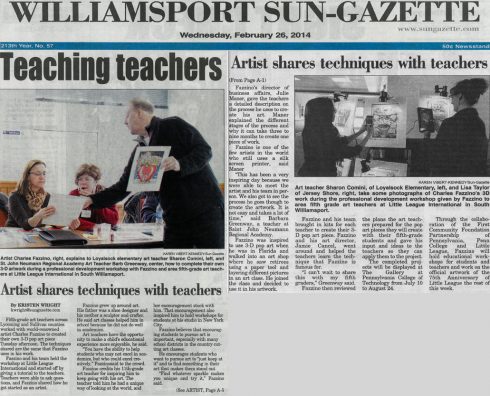 Image of the press clipping from Fazzino's teacher development workshop in Williamsport, PA